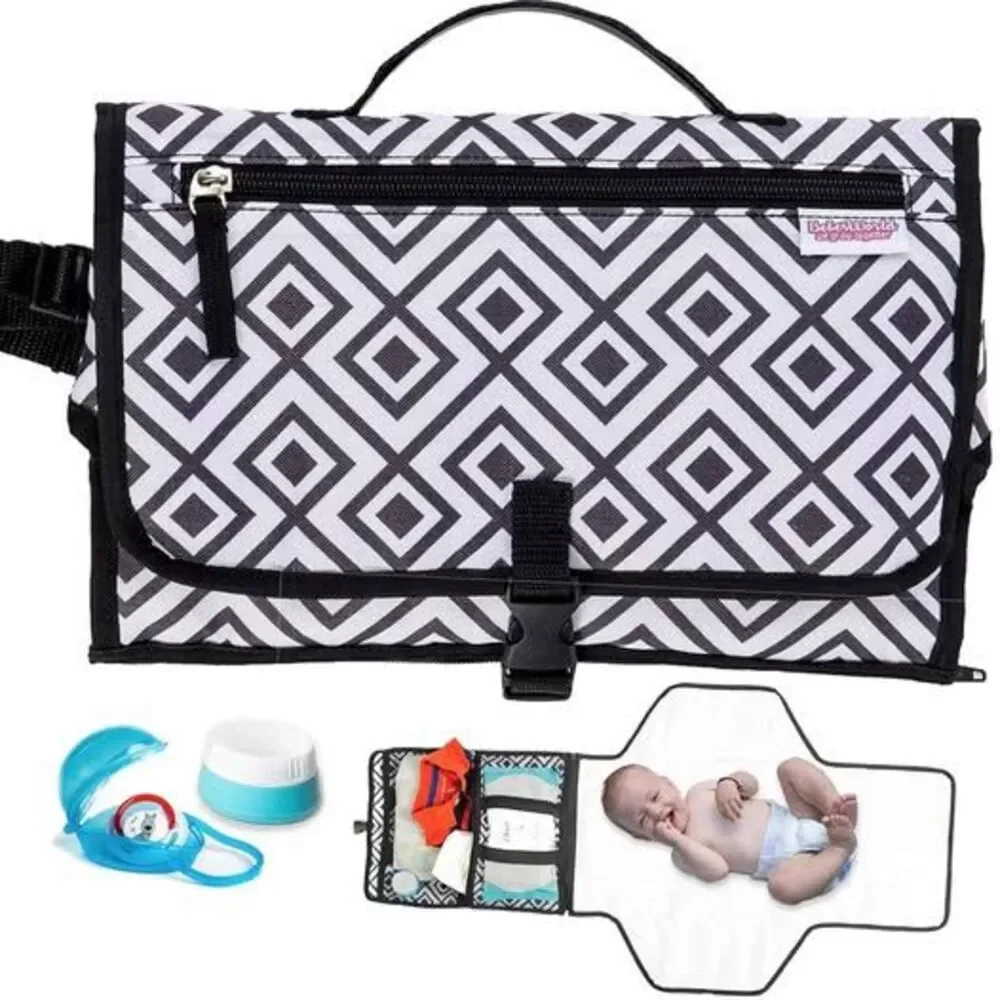 Portable Baby Changing Pad w/ Head Pillow + Binky Case & Baby Cream – Grey/Black